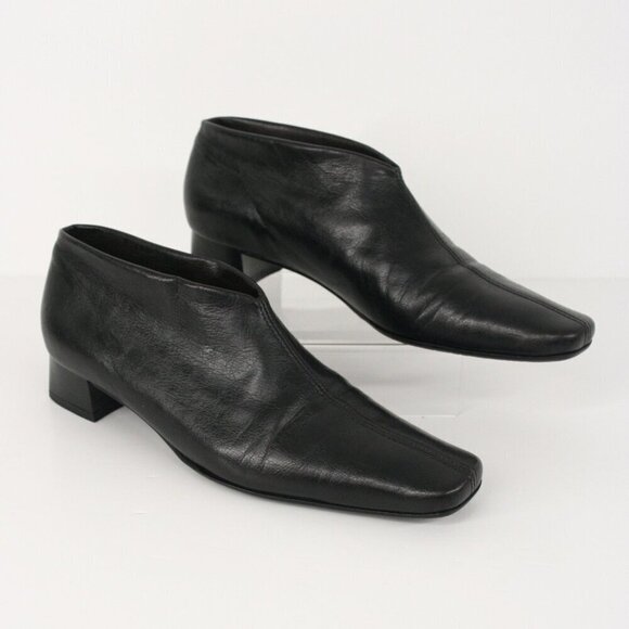 Peter Kaiser Black Leather Square Toe Slip On Block Heel Ankle Boot Sz 4.5 - Picture 1 of 15